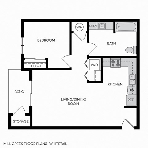 Floor plan for 1 bed, 1 bath, 753 sqft